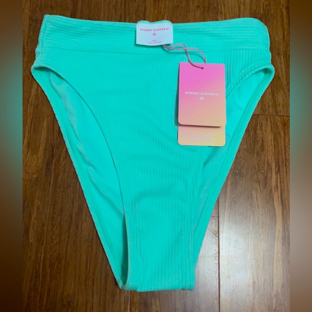🔥 Stoney Clover Ln Ribbed High-Leg High-Waist Green Bikini Bottoms Size XXS